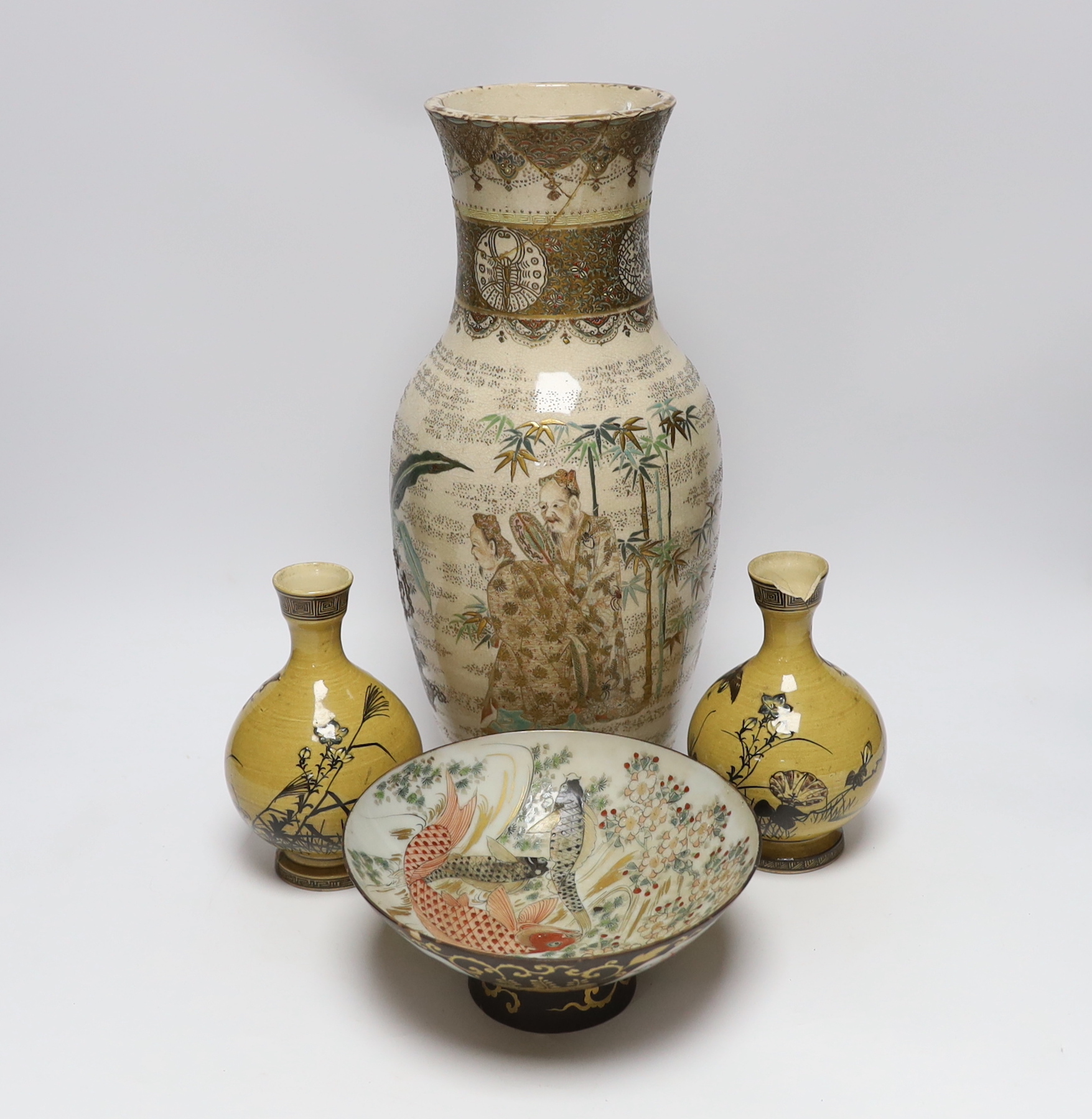 A 19th century Satsuma vase, two ochre pottery vases and a fish designed bowl, (purported to come from Lilly Langtry’s estate), Satsuma vase 36cm high